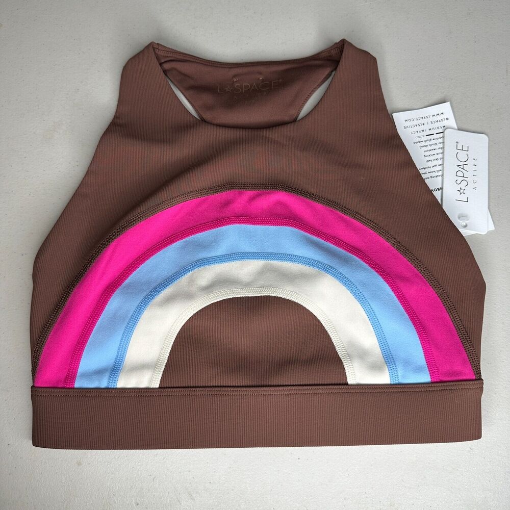 L*Space Active Chasing Rainbows Top Brown Back Cutout Med Impact Women Small NWT